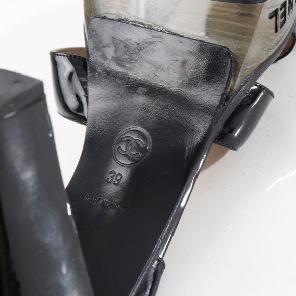 Chanel Vintage Black Logo Lucite Led  Platform SandalsPatent Leather Heels - Picture 13 of 14